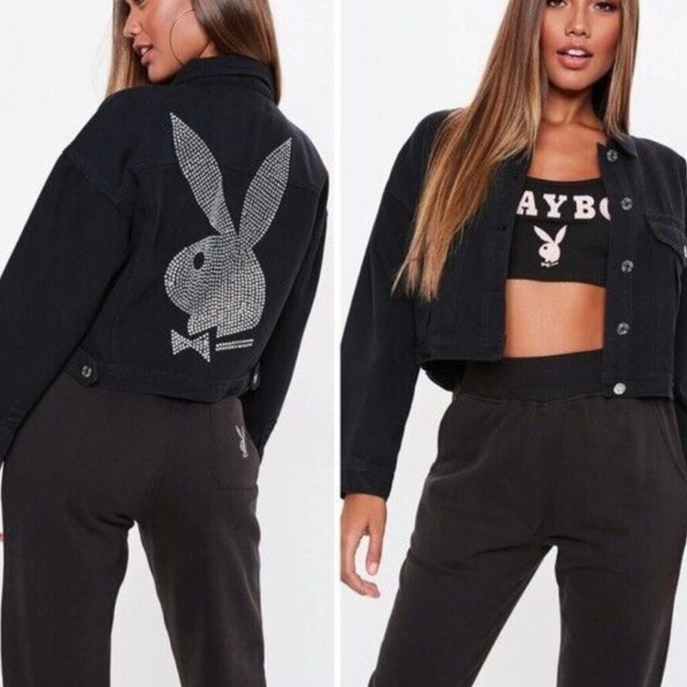 Missguided x Playboy Black Diamanté Denim Sz4